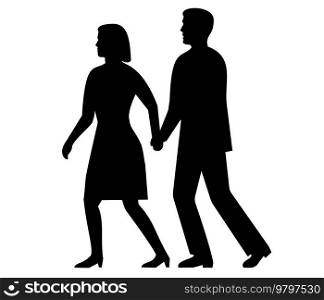 Retro style illustration of a silhouette of a couple male and female walking away holding hands viewed from side on isolated background done in black and white. . Couple Male and Female Walking Away Holding Hands Side Silhouette Retro Black and White 