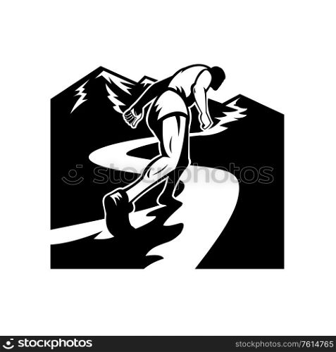 Retro style illustration of a silhouette of a marathon runner running and struggling to run uphill up to mountain top viewed from a low angle done in black and white.. Marathon Runner Running Up Mountain Black and White