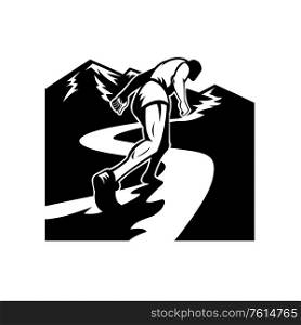 Retro style illustration of a silhouette of a marathon runner running and struggling to run uphill up to mountain top viewed from a low angle done in black and white.. Marathon Runner Running Up Mountain Black and White