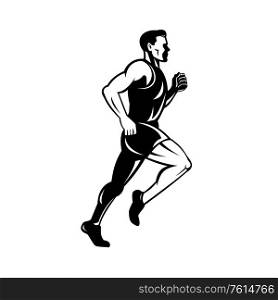Retro style illustration of a silhouette of a marathon runner running viewed from side done in black and white.. Marathon Runner Running Side Black and White