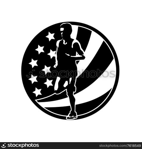 Retro style illustration of a silhouette of an American marathon runner running with USA stars and stripes set in circle viewed from front done in full color.. American Marathon Runner Running USA Flag Circle Retro Black and White