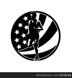 Retro style illustration of a silhouette of an American marathon runner running with USA stars and stripes set in circle viewed from front done in full color.. American Marathon Runner Running USA Flag Circle Retro Black and White