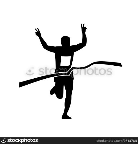 Retro style illustration of a silhouette of victorious marathon runner flashing victory hand sign while finishing at finish line ribbon tape in black and white.. Marathon Runner Finishing Race Silhouette