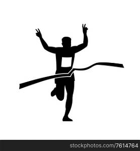 Retro style illustration of a silhouette of victorious marathon runner flashing victory hand sign while finishing at finish line ribbon tape in black and white.. Marathon Runner Finishing Race Silhouette