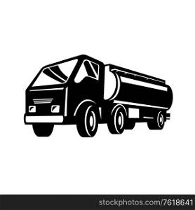 Retro style illustration of a tank truck, gas truck, fuel truck, tanker or tanker truck, a motor vehicle designed to carry liquefied loads or gases on roads on isolated background in black and white.. Tank Truck Fuel Truck Tanker or Tanker Truck Low Angle Retro Black and White