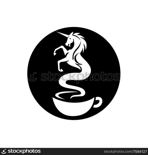 Retro style illustration of a unicorn coming out as a smoke from a hot coffee cup set inside circle on isolated background.. Unicorn Coffee Smoke Cup Retro Circle