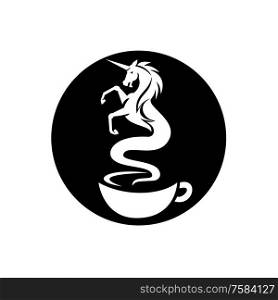 Retro style illustration of a unicorn coming out as a smoke from a hot coffee cup set inside circle on isolated background.. Unicorn Coffee Smoke Cup Retro Circle