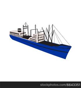 Retro style illustration of a  vintage cargo, merchant or passenger ship ocean liner viewed from high angle on isolated background.. Vintage Cargo Ship Retro