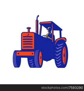 Retro style illustration of a vintage farm tractor viewed from front on low angle on isolated background.. Vintage Farm Tractor Retro