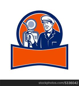 Retro style illustration of a vintage gas station attendant holding a fuel nozzle with petrol station set inside circle with banner below on isolated background.. Vintage Gas Station Attendant Circle Retro