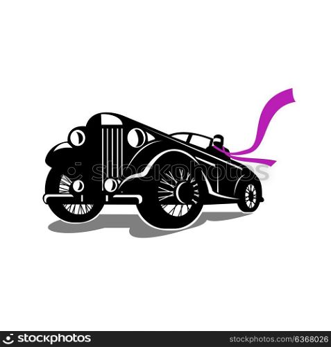 Retro style illustration of a vintage roadster, coupe classic automobile with top down and driver with flowing scarf viewed from a low angle on isolated background.. Vintage Roadster Scarf Retro