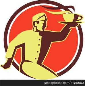 Retro style illustration of a waiter serving carrying hot coffee cup on one hand running viewed from side set inside circle done in retro style.. Waiter Serving Coffee Cup Retro