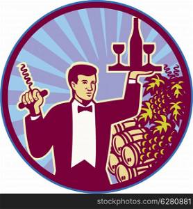 Retro style illustration of a waiter serving carrying wine glass and bottle on one hand and corkscrew on the other with wine barrels and grape vine in background set inside circle.. Waiter Serving Wine Glass Bottle Retro