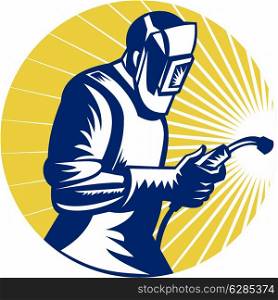 retro style illustration of a welder at work with torch viewed from side set inside circle&#xA;