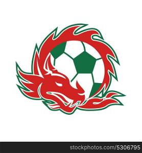 Retro style illustration of a Welsh Dragon coling around a Soccer Ball on isolated background.. Welsh Dragon Soccer Ball