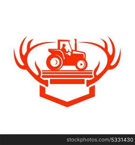 Retro style illustration of a White Tail Deer Antler framing a farmer driving a farm Tractor viewed from side on isolated background.. White Tail Deer Antler Tractor Retro
