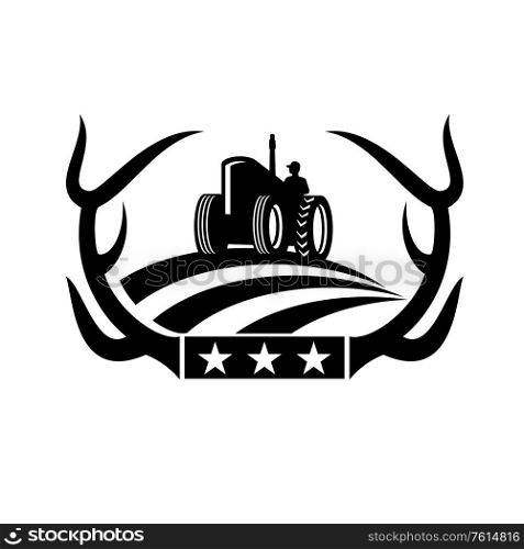 Retro style illustration of a whitetail deer Antler framing a Farm Tractor with American stars and stripes Flag on isolated background.. Deer Antler and Vintage Farm Tractor on American Flag Retro Black and White