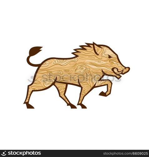 Retro style illustration of a wood or wooden boar marching viewed from side with wood grain on isolated background.. Wood Boar Marching Side Retro