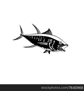 Retro style illustration of a yellowfin tuna thunnus albacares or ahi, a species of tuna found in pelagic waters of tropical and subtropical oceans on isolated background done in black and white.. Yellowfin Tuna Thunnus Albacares or Ahi Swimming Side Retro Black and White