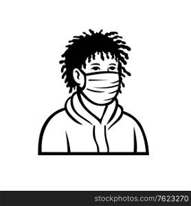 Retro style illustration of an African-American teenage teenager boy wearing a face mask and hoodie viewed from front isolated background in black and white.. African-American Boy Wearing Face Mask Front View Retro Black and White