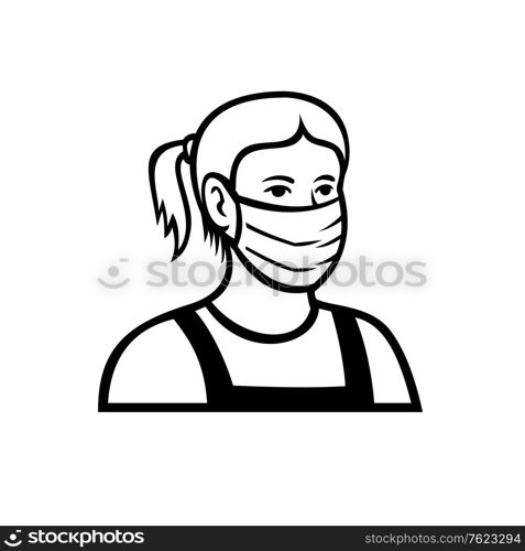 Retro style illustration of an American Caucasian teenage child or teenager boy wearing a face mask viewed from front isolated background.. Caucasian Teenage Girl Wearing Face Mask Front View Retro Black and White