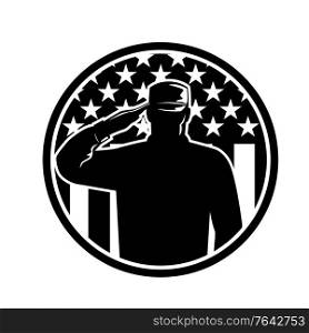 Retro style illustration of an American veteran soldier or military serviceman personnel saluting the USA stars and stripes flag set inside circle on isolated background done in black and white.. American Veteran Soldier or Military Serviceman Personnel Saluting the USA Stars and Stripes Flag Circle Retro Black and White