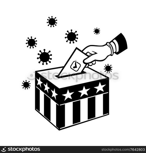 Retro style illustration of an American voter with glove hand voting during pandemic covid-19 coronavirus lockdown putting vote into ballot box with USA stars and stripes flag in black and white.. American Voter Voting During Pandemic Lockdown Election Retro Black and White