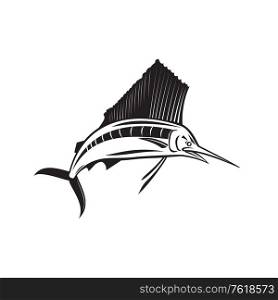 Retro style illustration of an angry Atlantic sailfish, a fish of the genus Istiophorus of billfish living in colder sea areas, jumping up viewed from front on isolated background done in black and white.. Angry Atlantic Sailfish Jumping Up Side View Retro Black and White