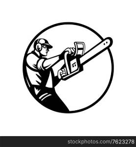 Retro style illustration of an arborist, lumberjack or tree surgeon holding and raising up chainsaw viewed from side set inside circle on isolated background in black and white. . Arborist or Tree Surgeon Holding Chainsaw Side View Circle Retro Black and White