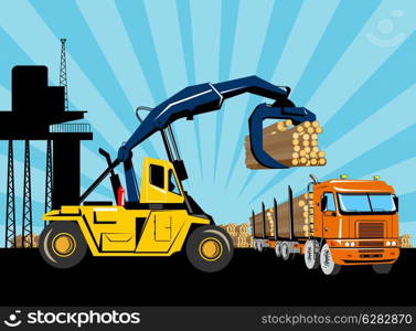 retro style illustration of an articulated logging truck being loaded logs by a forklift truck or hoist crane with building and lumberyard in background done in retro style. Forklift hoist crane load timber logging truck