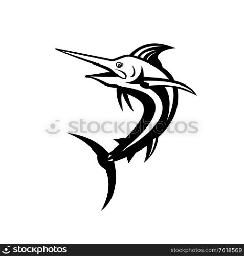 Retro style illustration of an Atlantic blue marlin, a species of marlin endemic to the Atlantic Ocean, jumping up done in black and white on isolated background.. Atlantic Bluefin Tuna Swimming Up Retro Black and White