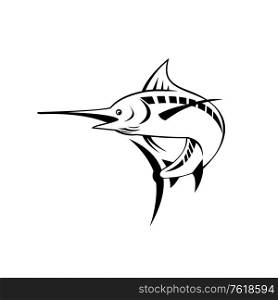 Retro style illustration of an Atlantic blue marlin, a species of marlin endemic to the Atlantic Ocean, swimming and jumping up done in black and white on isolated background.. Atlantic Blue Marlin Swimming Upward Retro Black and White