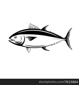 Retro style illustration of an Atlantic bluefin tuna, northern bluefin tuna, giant bluefin tuna or tunny, a fish species in the family Scombridae viewed from side isolated background black and white.. Atlantic Bluefin Tuna Northern Bluefin Tuna Giant Bluefin Tuna or Tunny Side Retro Black and White