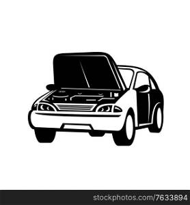 Retro style illustration of an automobile car auto with popped or open hood that has a breakdown viewed from front on isolated background done in black and white style.. Automobile Car Auto with Popped or Open Hood Front View Retro Black and White