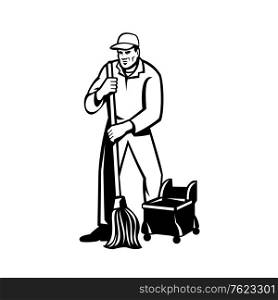 Retro style illustration of an commercial cleaner or janitor with mop mopping cleaning for viewed from front on isolated background done in black and white... Commercial Cleaner or Janitor Mopping Cleaning Floor Retro Black and White