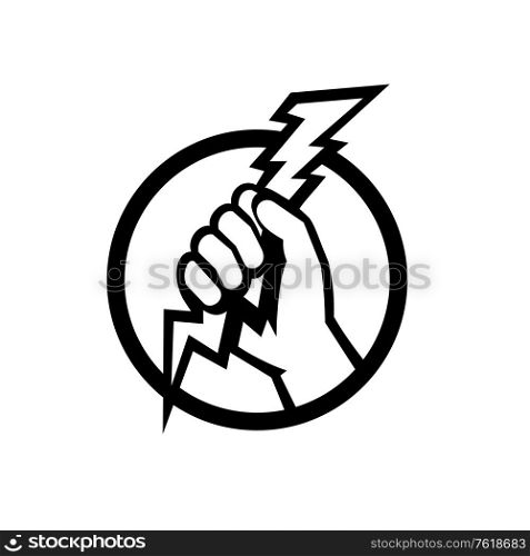 Retro style illustration of an electrician or power lineman hand holding a lightning bolt on isolated background done in black and white.. Hand of an Electrician Holding Lightning Bolt Retro Black and White