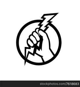 Retro style illustration of an electrician or power lineman hand holding a lightning bolt on isolated background done in black and white.. Hand of an Electrician Holding Lightning Bolt Retro Black and White