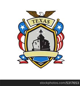 Retro style illustration of an emblem or coat of arms showing a Battleship and American eagle with Texas Lone Star flag and USA stars and stripes spangled banner set iside crest shield.. Texas Battleship Emblem Retro