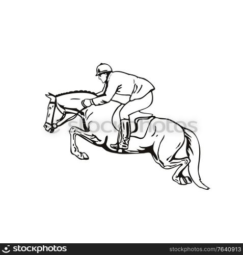 Retro style illustration of an equestrian and horse show jumping, stadium jumping or open jumping, a part of a group of English riding equestrian event viewed from side done in black and white.. Equestrian and Horse Show Jumping Stadium Jumping or Open Jumping Side View Retro Black and White