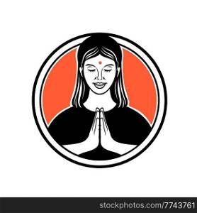 Retro style illustration of an Indian girl or woman in namaste, namaskar or namaskaram, a Hindu customary, non-contact form of respectfully greeting and honoring set in circle on isolated background.. Indian Girl in Namaste Namaskar or Namaskaram Pose of Respectfully Greeting and Honoring Retro Style 
