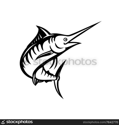 Retro style illustration of an Indo-Pacific blue marlin, a species of marlin or billfish swimming and jumping up done in black and white on isolated background in black and white stencil.. Indo-Pacific Blue Marlin Swimming Upward Stencil Retro Black and White