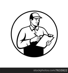 Retro style illustration of an inspector or technician with clipboard checklist writing inspecting set inside circle on isolated background done in black and white.. Inspector or Technician with Clipboard Checklist Inspecting Retro Black and White