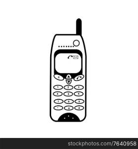 Retro style illustration of an old classic vintage cellphone or mobile phone viewed from front on isolated background done in black and white.. Old Classic Vintage Cellphone or Mobile Phone Front View Retro Black and White Style