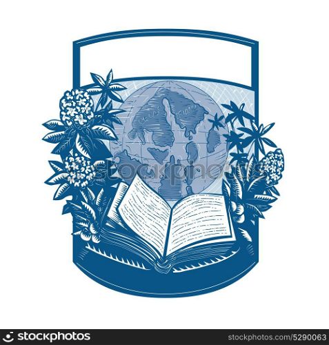 Retro style illustration of an open book and world map of Orcas Island framed with Rhododendron flower and leaves plant set inside crest shield.. Rhododendron Orcas Island Book Woodcut
