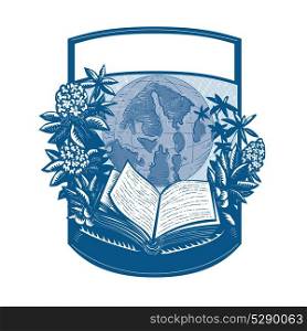 Retro style illustration of an open book and world map of Orcas Island framed with Rhododendron flower and leaves plant set inside crest shield.. Rhododendron Orcas Island Book Woodcut