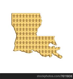 Retro style illustration of an outline of Louisiana state map of United States of America, USA with fleur-de-lis inside on isolated background.. Louisiana State Map Fleur-de-lis Retro