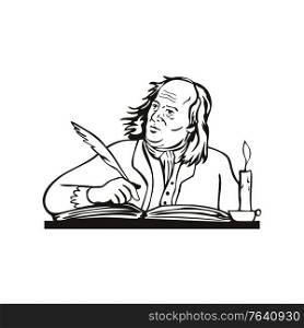 Retro style illustration of Benjamin Franklin, an American polymath and one of the Founding Fathers of the United States, as a writer writing with quill on isolated background done in black and white.. Benjamin Franklin American Polymath and Founding Father of the United States Writing Retro Black and White