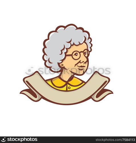 Retro style illustration of bust of a grandmother, granny, nanny or a senior adult female woman looking to side with ribbon at bottom on isolated background.. Grandmother Looking Side Ribbon Mascot