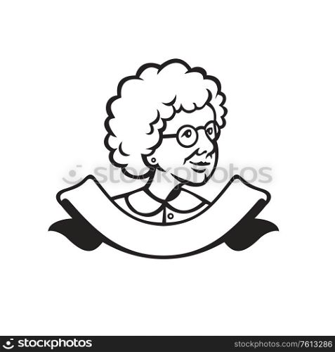 Retro style illustration of bust of a grandmother, granny, nanny or a senior adult female woman looking to side with ribbon at bottom on isolated background.. Grandmother Looking Side Ribbon Black and White