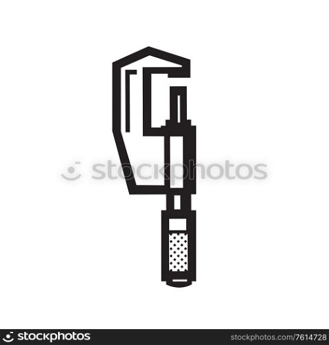 Retro style illustration of caliper tool viewed from side on isolated background done in Black and White.. Caliper Tool Side Retro Black and White